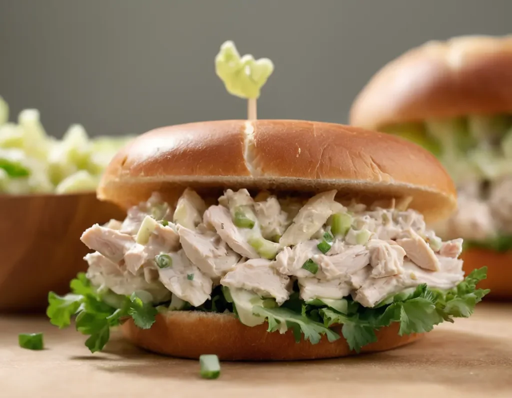 Close-up of a creamy chicken salad sandwich cut in half, filled with tender chicken, celery, and herbs, on toasted bread. Shot in soft natural light with rich, vibrant details.