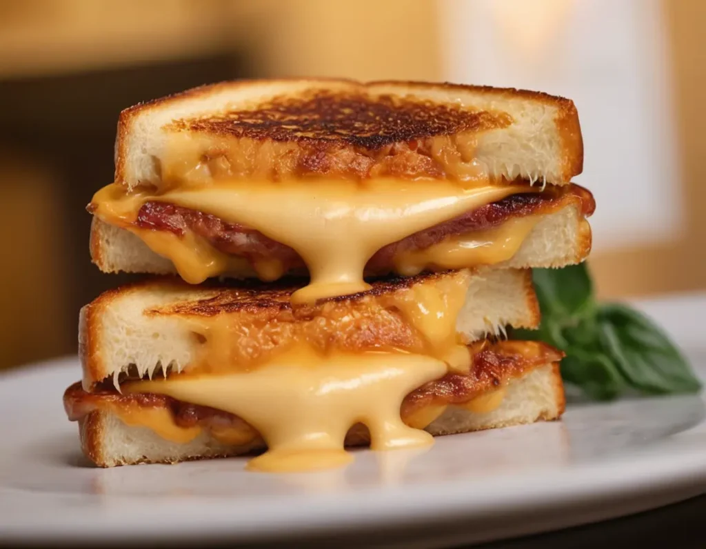 Close-up of a golden grilled cheese sandwich with melted cheese oozing out, shot in soft natural light. Rich, indulgent, and perfectly toasted.