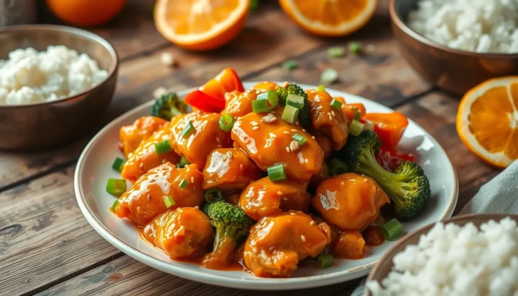 A vibrant plate of homemade gluten-free orange chicken, featuring crispy golden-brown chicken pieces glazed with a glossy, bright orange sauce. Surrounding the chicken are colorful bell peppers and broccoli, garnished with fresh green onions and sesame seeds. The dish is set on a rustic wooden table, accompanied by a bowl of fluffy white rice, and a few orange slices for decoration, with soft natural lighting enhancing its appetizing appearance.