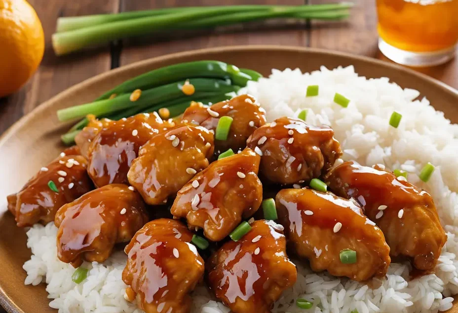 A sumptuous, golden-hued plate of succulent orange chicken, crafted from gluten-free ingredients, shines with a luscious, sticky orange glaze, sprinkled with delicate sesame seeds and fragrant green onions, served alongside a mound of fluffy, pristine white rice, set against the warm, earthy tones of a rustic wooden table, bathed in soft, natural light.