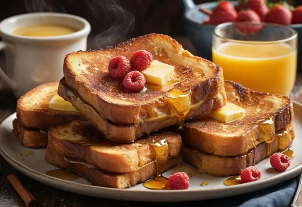 A mouthwatering, golden-brown close-up of crispy French toast slices sizzling on a griddle, smothered in a rich, melted butter and sprinkled with a warm, inviting cinnamon, capturing the essence of a homemade breakfast, shot with a vintage, nostalgic tone, reminiscent of an old iPhone 15, with a 3:2 aspect ratio and an intimate, warm atmosphere, as if you can almost smell the sweet, delicious aroma wafting from the plate, making your stomach growl with hunger.
