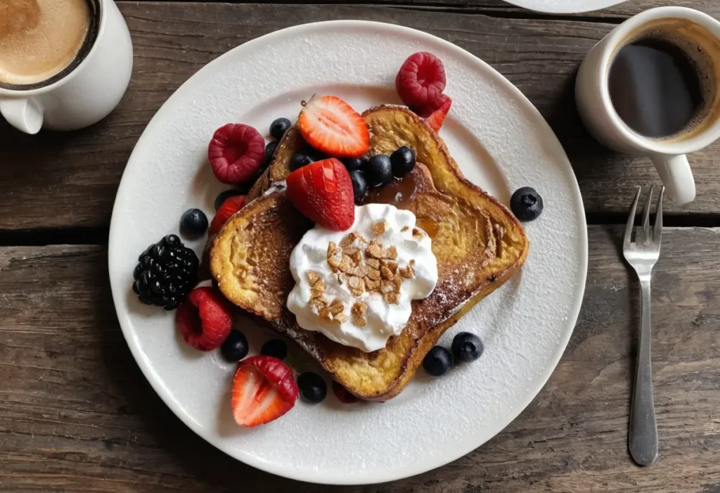 A cozy breakfast scene with golden-brown gluten-free French toast on a white plate, topped with fresh berries, powdered sugar, and a drizzle of maple syrup, placed on a rustic wooden table with a cup of coffee nearby, taken with an old iphone 15, so yummy, delicious, home made. --ar 3:2 --iw 3
