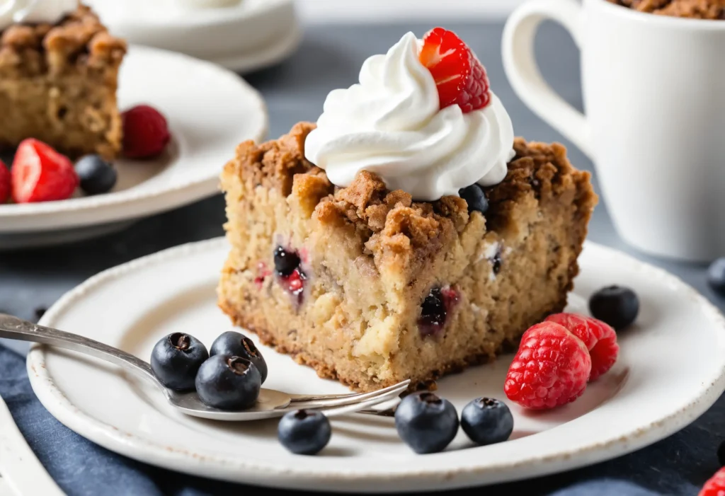 A single slice of gluten free coffee cake on a white plate, garnished with fresh berries and a dollop of whipped cream, with a cup of coffee in the background.