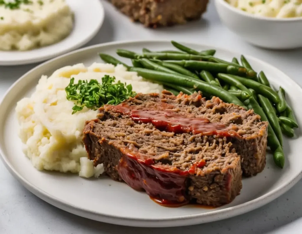 A beautifully plated slice of gluten-free meatloaf garnished with fresh parsley, served alongside mashed potatoes and steamed green beans on a white plate