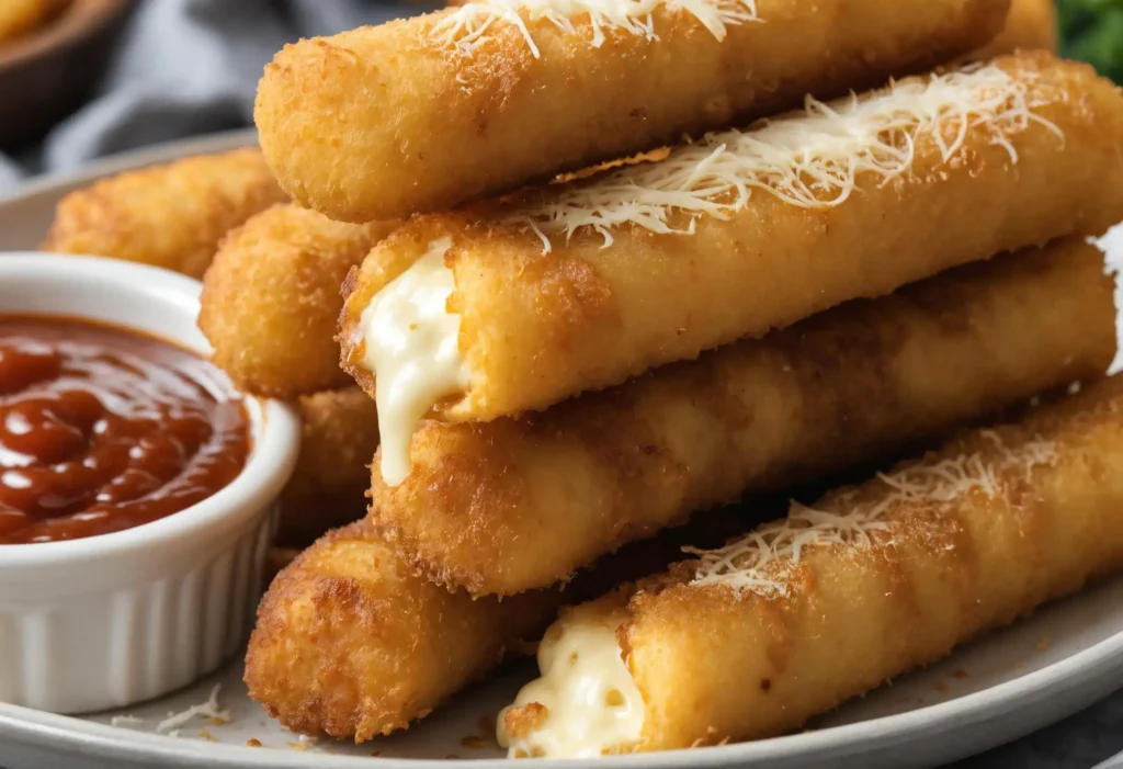 Coating the Close-up of golden-brown mozzarella sticks stacked on a plate, with gooey cheese pulling apart from one stick