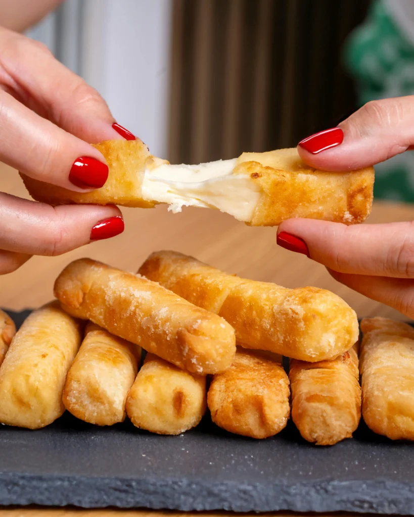 A plate of golden gluten free mozzarella sticks with one being pulled apart to reveal gooey melted cheese.