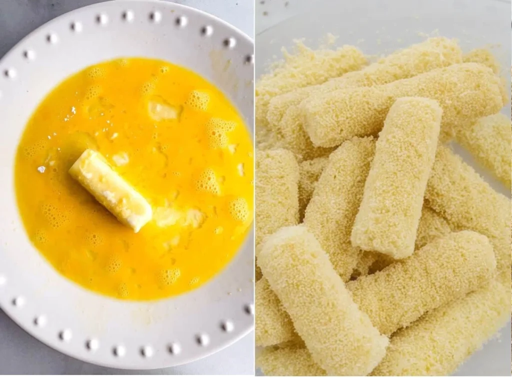 Coating the mozzarella sticks in flour, egg wash, and breadcrumbs.