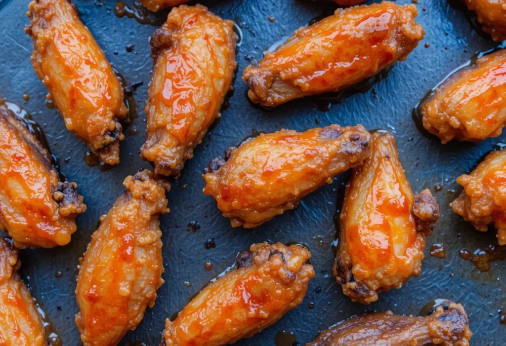 Crispy chicken wings coated in buffalo sauce with a red-orange glaze, served on a slate tray with ranch dressing and parsley garnish.