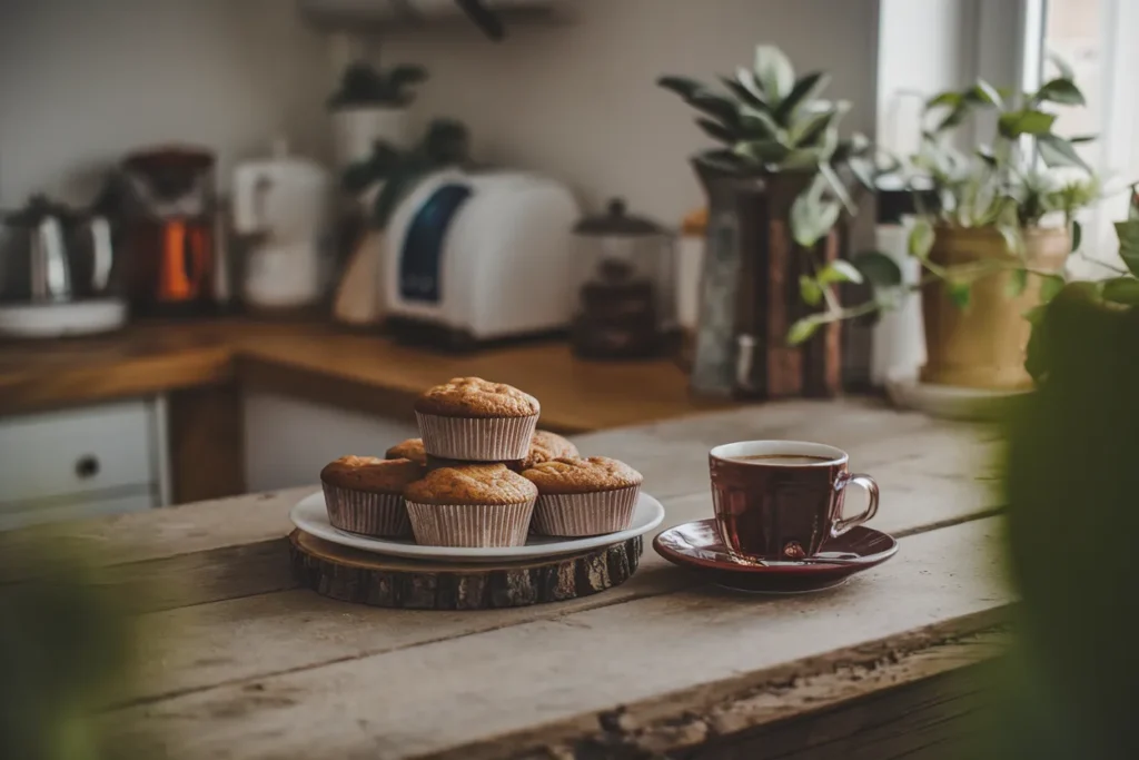 Gluten free banana bread muffins on a plate with a cup of coffee, fresh bananas, and a rustic wooden table setting.