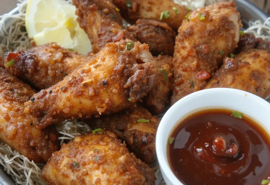 Gluten free chicken wings with a smoky dry rub and lemon wedges on a wooden tray.