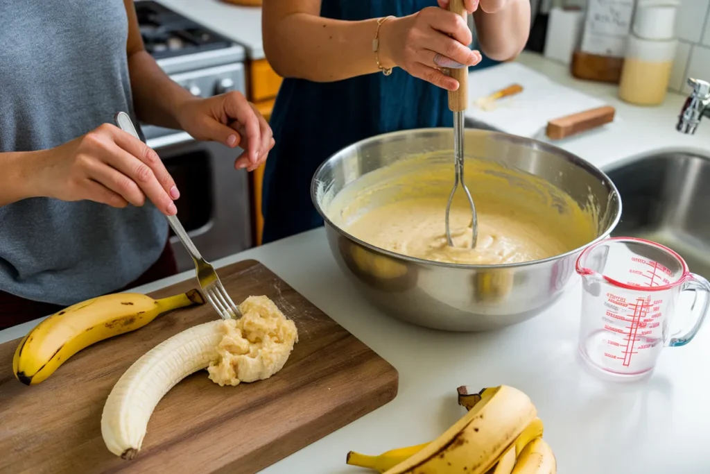 Step-by-step photo of mixing gluten free banana bread muffins batter in a bowl with ripe bananas and gluten-free flour.