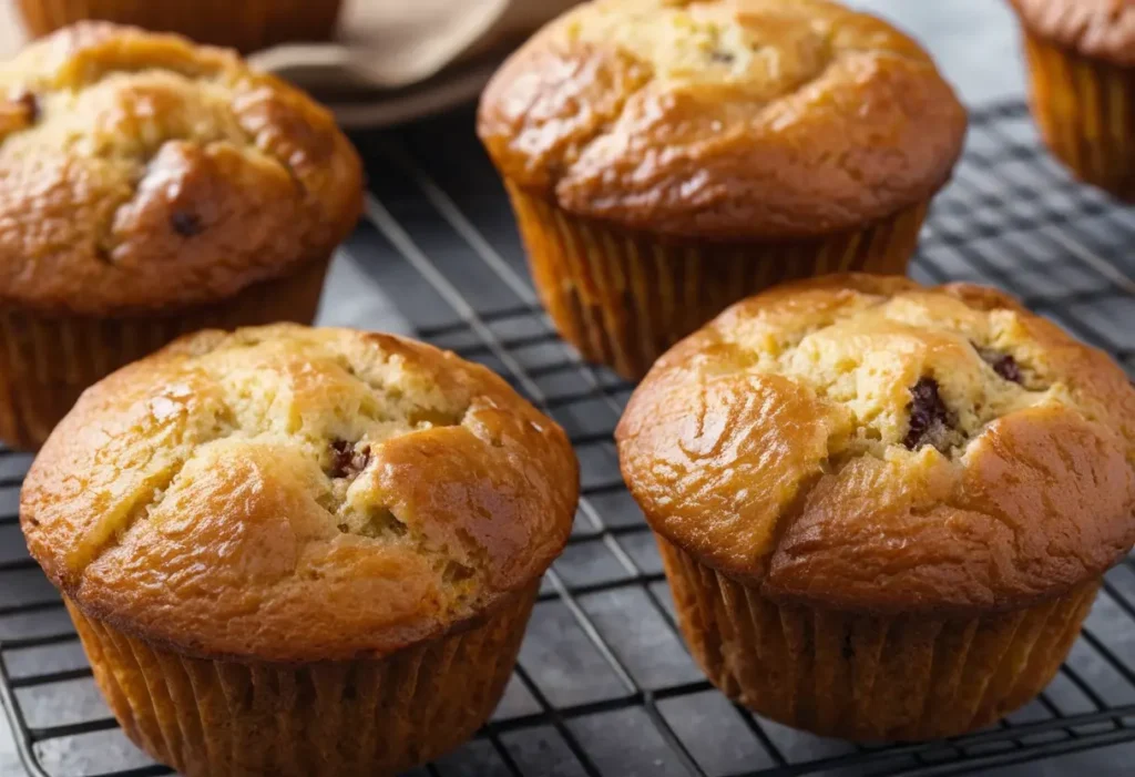 Freshly baked gluten free banana bread muffins cooling on a wire rack.