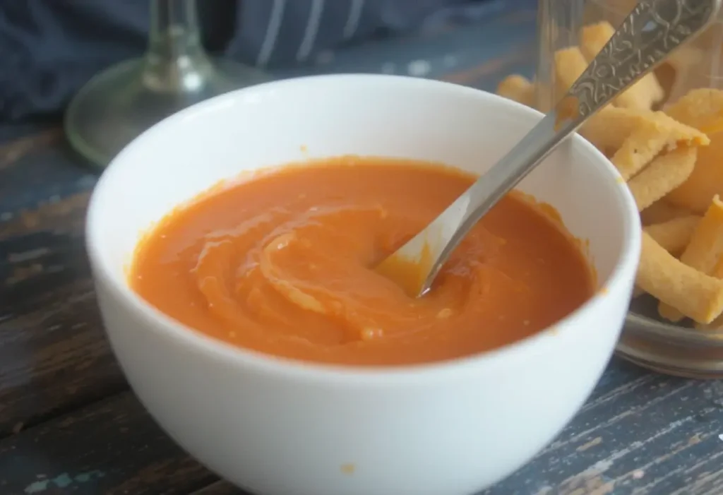 A bowl of vibrant orange buffalo sauce with a basting brush beside it.