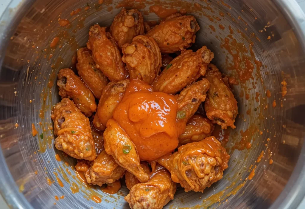 Gluten free buffalo sauce being tossed with crispy wings in a stainless steel mixing bowl.